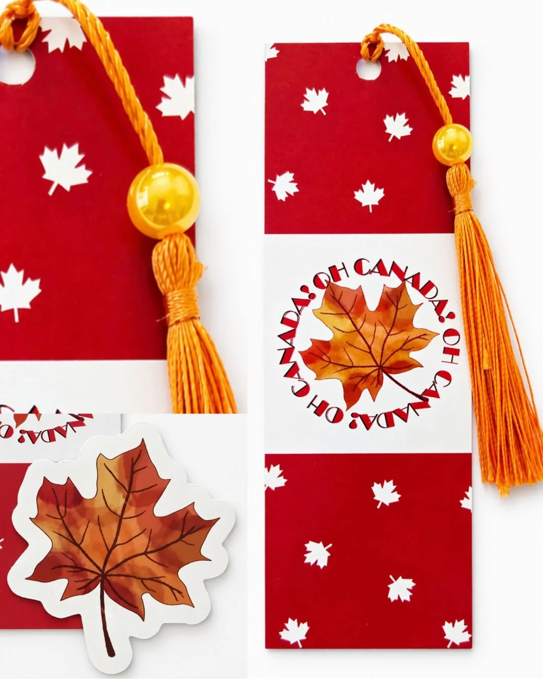 2 Pack: Maple Leaf Sticker and OH Canada! Bookmark with Sun yellow Bead
