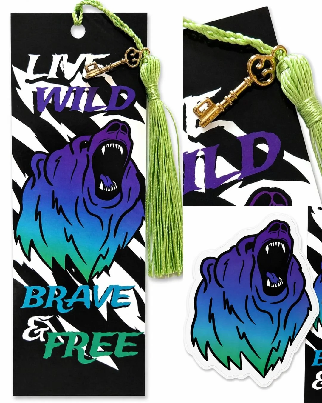 2 Pack: Northern Bear Sticker + Live Wild Bookmark with Key charm