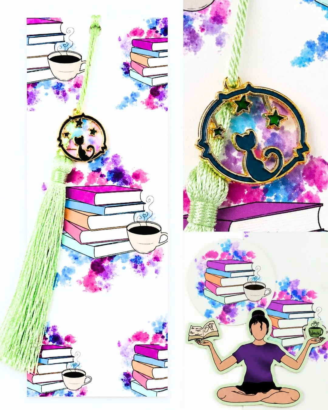 3 Pack: Namaste Cozy Stickers + Bookmark with Cat Charm