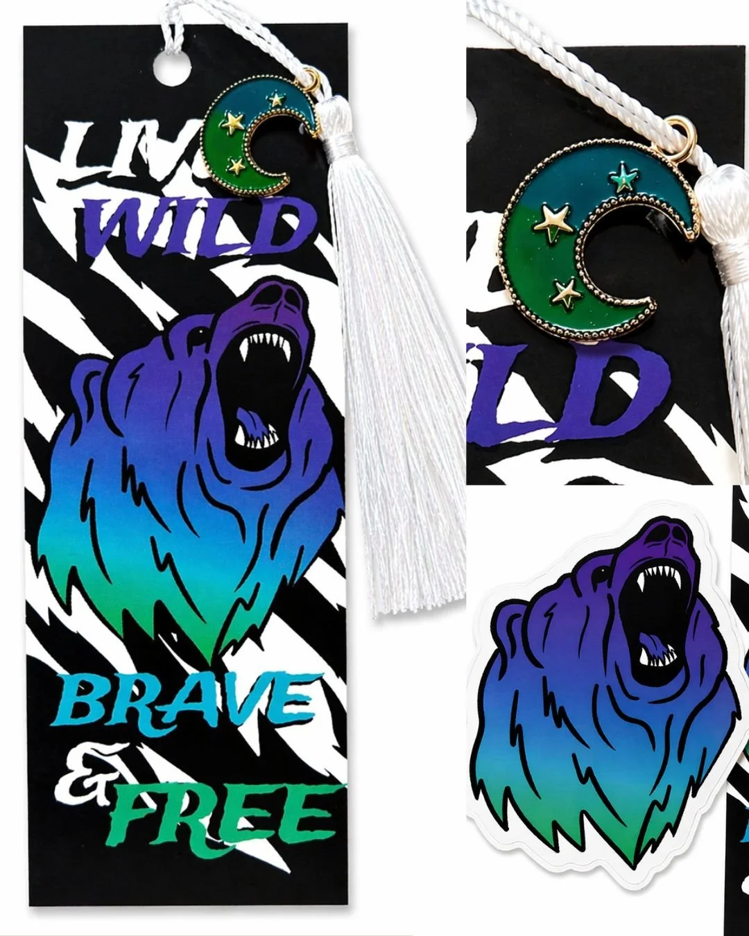 2 Pack: Northern Bear Sticker + Live Wild Bookmark with Moon Charm