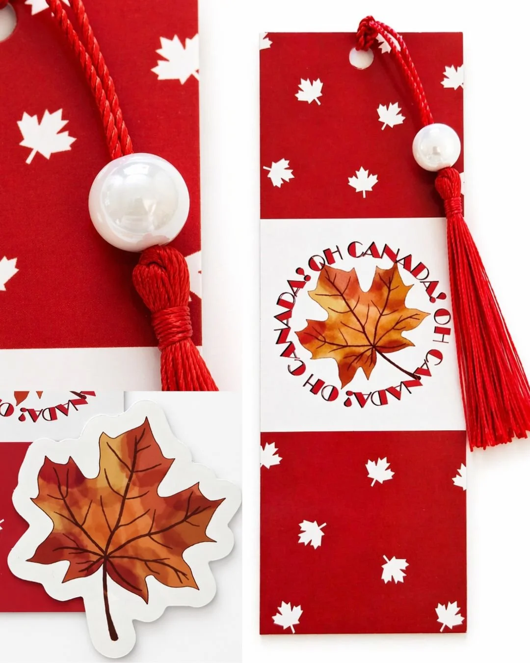 2 Pack: Maple Leaf Sticker and OH Canada! Bookmark with Pearl White Bead