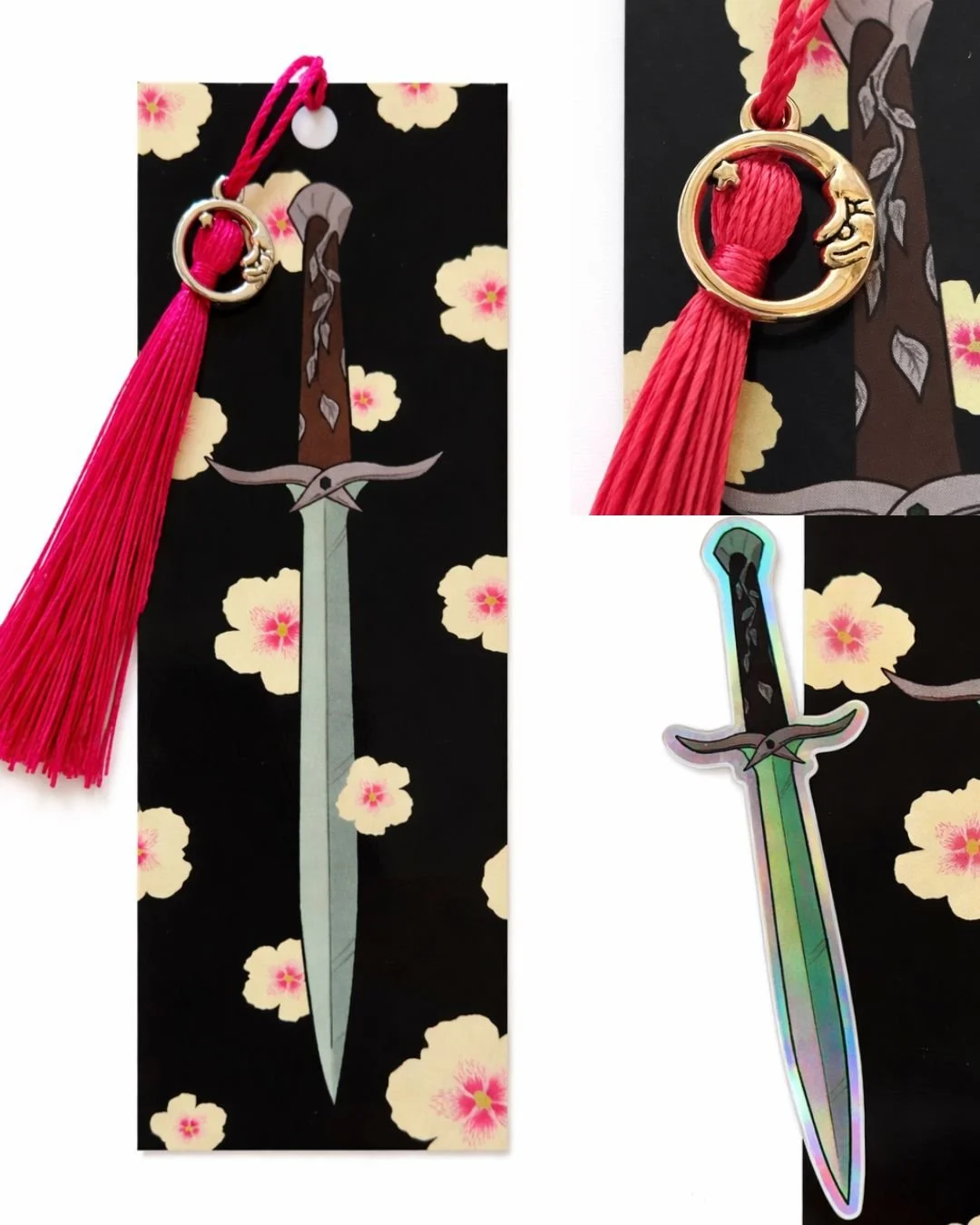 2 Pack: Elven Sword Sticker + Warrior Bookmark with Crescent Moon Charm
