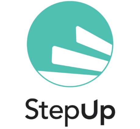 A teal circle with white horizontal lines resembling steps, the words "Step Up" in bold black letters below, and "EST. 2019" underneath.