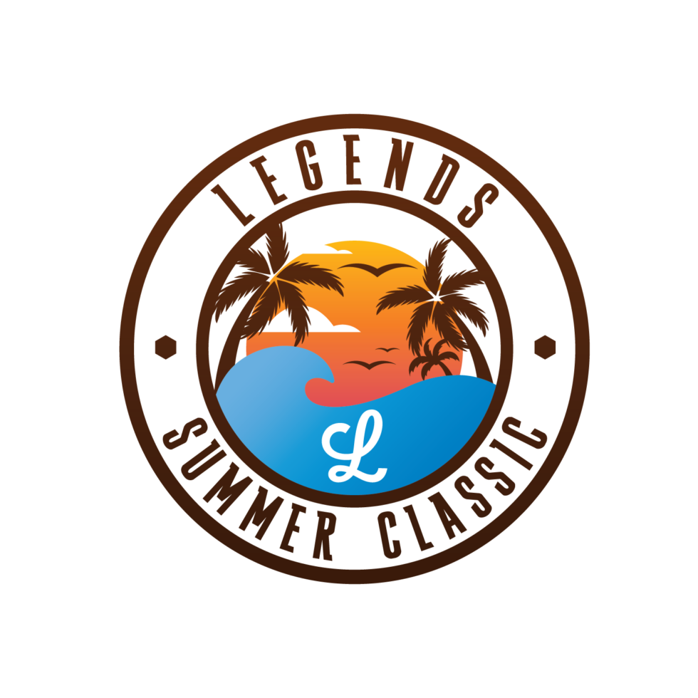 Circular logo with a sunset, palm trees, birds, and ocean wave in warm colors, representing a beach or tropical scene.