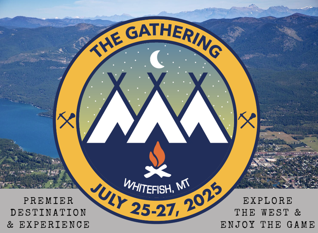 Logo for 'The Gathering' event in Whitefish, Montana, held from July 25-27, 2025. The logo features mountains, a crescent moon, stars, a campfire, and exterior-themed elements with a yellow and dark blue color scheme. The background shows a mountainous landscape and a lake.