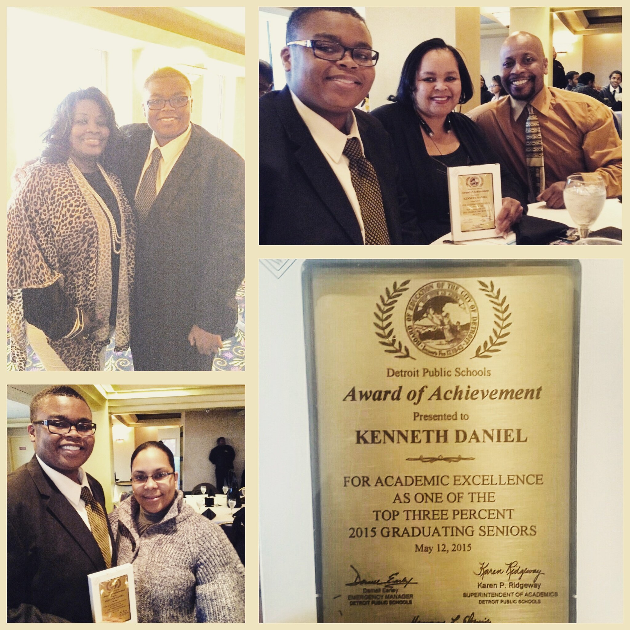 Collage of four images from an award ceremony for Kenneth Daniel, a Detroit Public Schools student. The top left shows Kenneth with a woman in a leopard print outfit. The top right shows Kenneth with three other people at a table with a plaque and gl