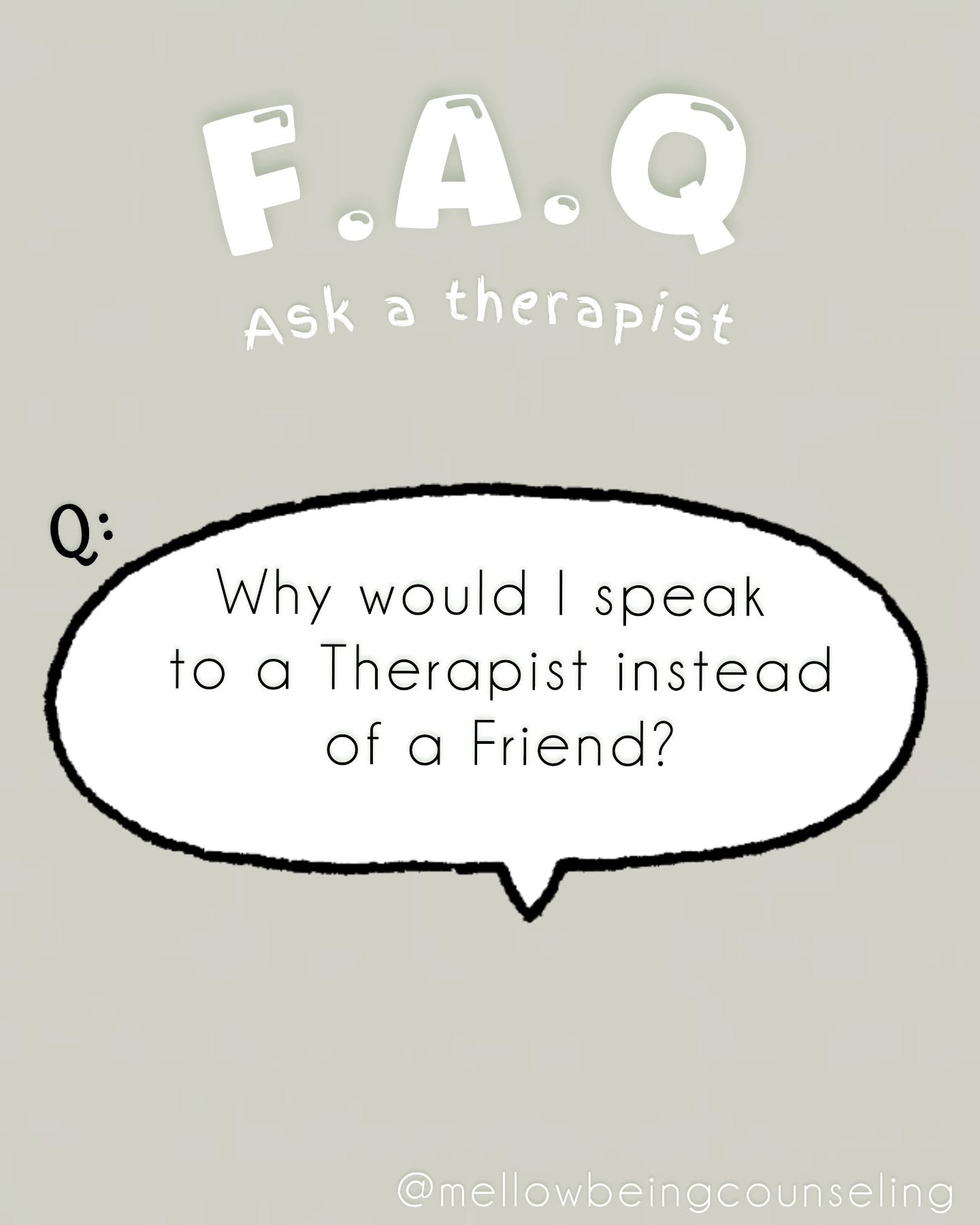 f.a.q. 🌿
.
Have other questions for us? Follow the link in the description box to our website!
.
#mellowbeingcounseling #faq #mentalhealthprofessionals #alabasteralabama #therapy