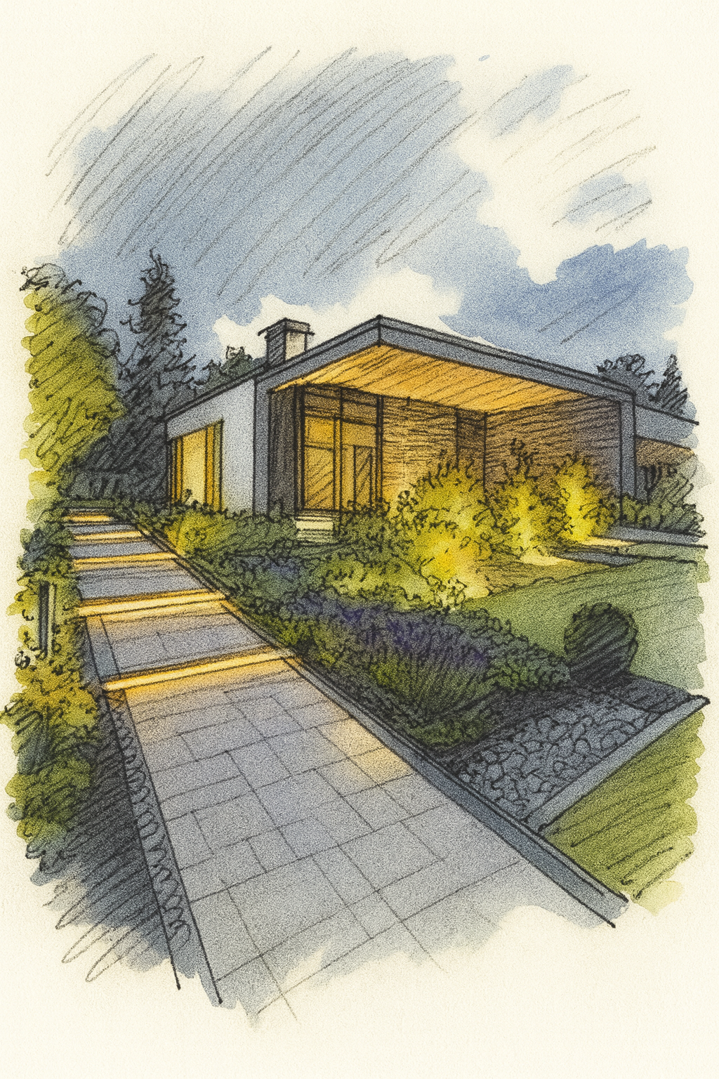 Illustration of a modern house with a front yard, illuminated by outdoor lighting, with a pathway leading up to the porch, surrounded by greenery and trees, under a cloudy evening sky.