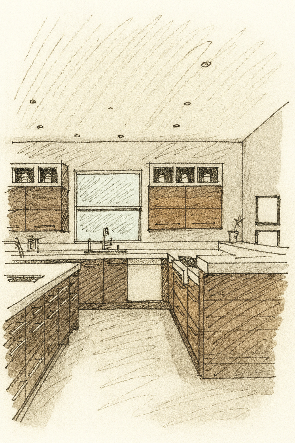 Sketch of a modern kitchen with wooden cabinets, a large window, and a kitchen island with a sink and stove.
