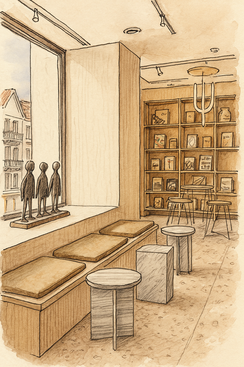 An interior of a cozy café or bookstore with a large window, a bookshelf filled with books and artwork, round tables and stools, a seating area with cushions, and a modern chandelier hanging from the ceiling.