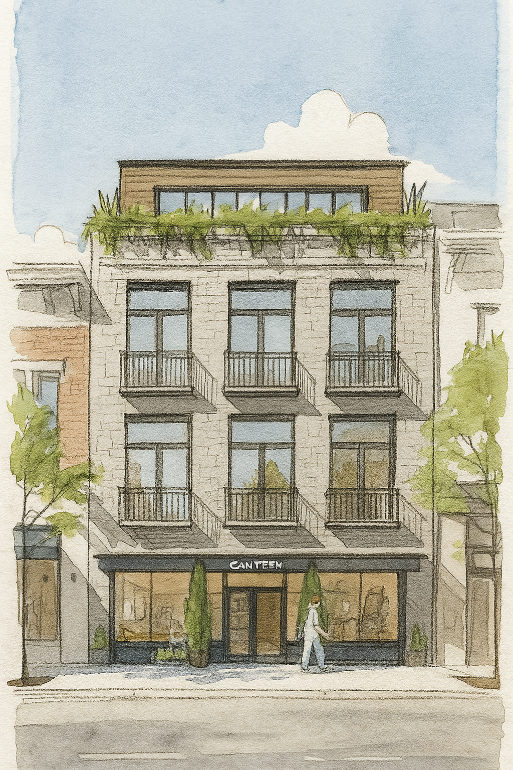 A watercolor painting of a modern multi-story building with a rooftop garden and a restaurant named "CANTEEM" on the ground floor, with a person walking by on the sidewalk.