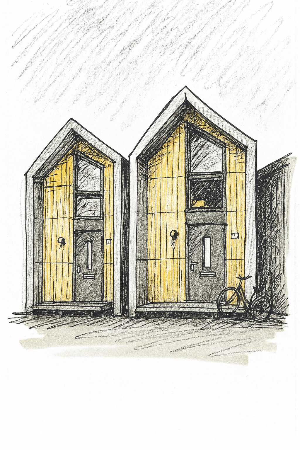 Sketch of two modern houses with yellow paneling, black doors, and bicycles parked outside.