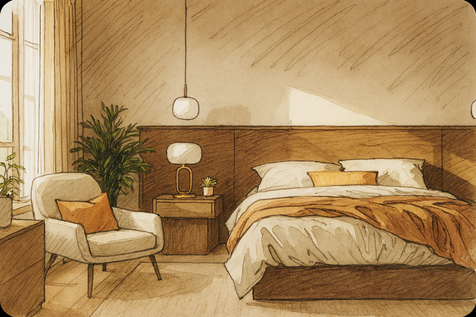 A cozy bedroom with a large bed with white and beige blankets, and pillows in white, beige, and yellow. There is a wooden headboard and side table with a lamp, a small plant, and a tall green plant next to a window with beige curtains. An armchair with a beige cushion and a yellow pillow is beside the window. The room has warm tones and natural light.