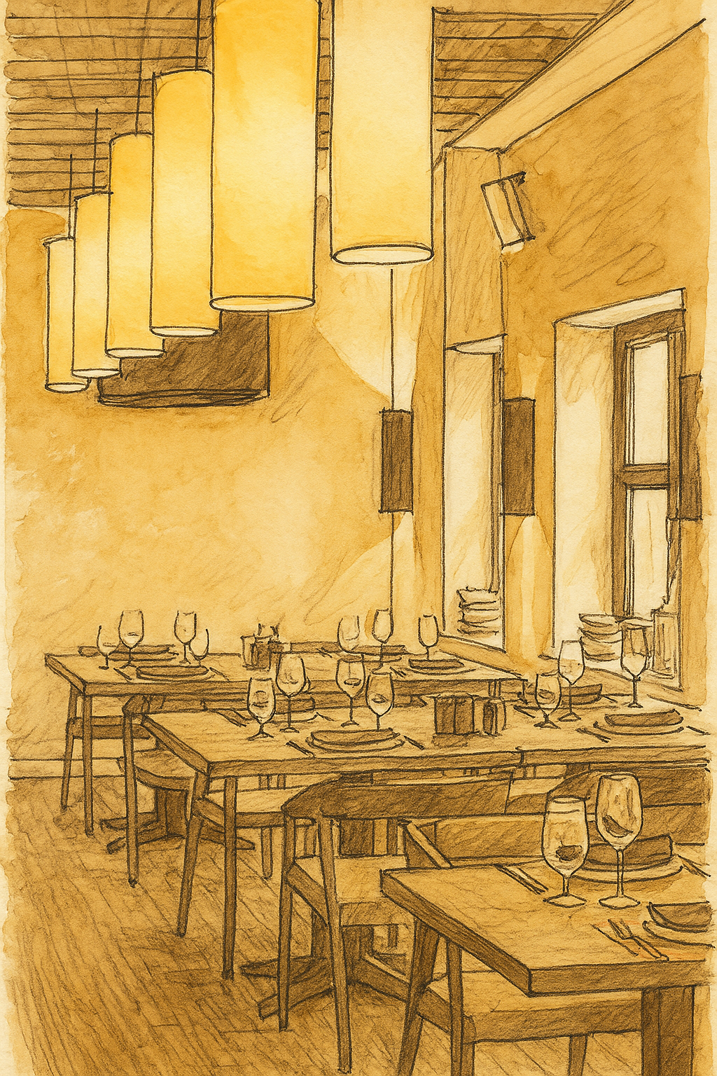 A watercolor illustration of a restaurant interior with wooden tables and chairs, set with wine glasses, plates, and utensils, illuminated by overhead pendant lights and natural light from a window.