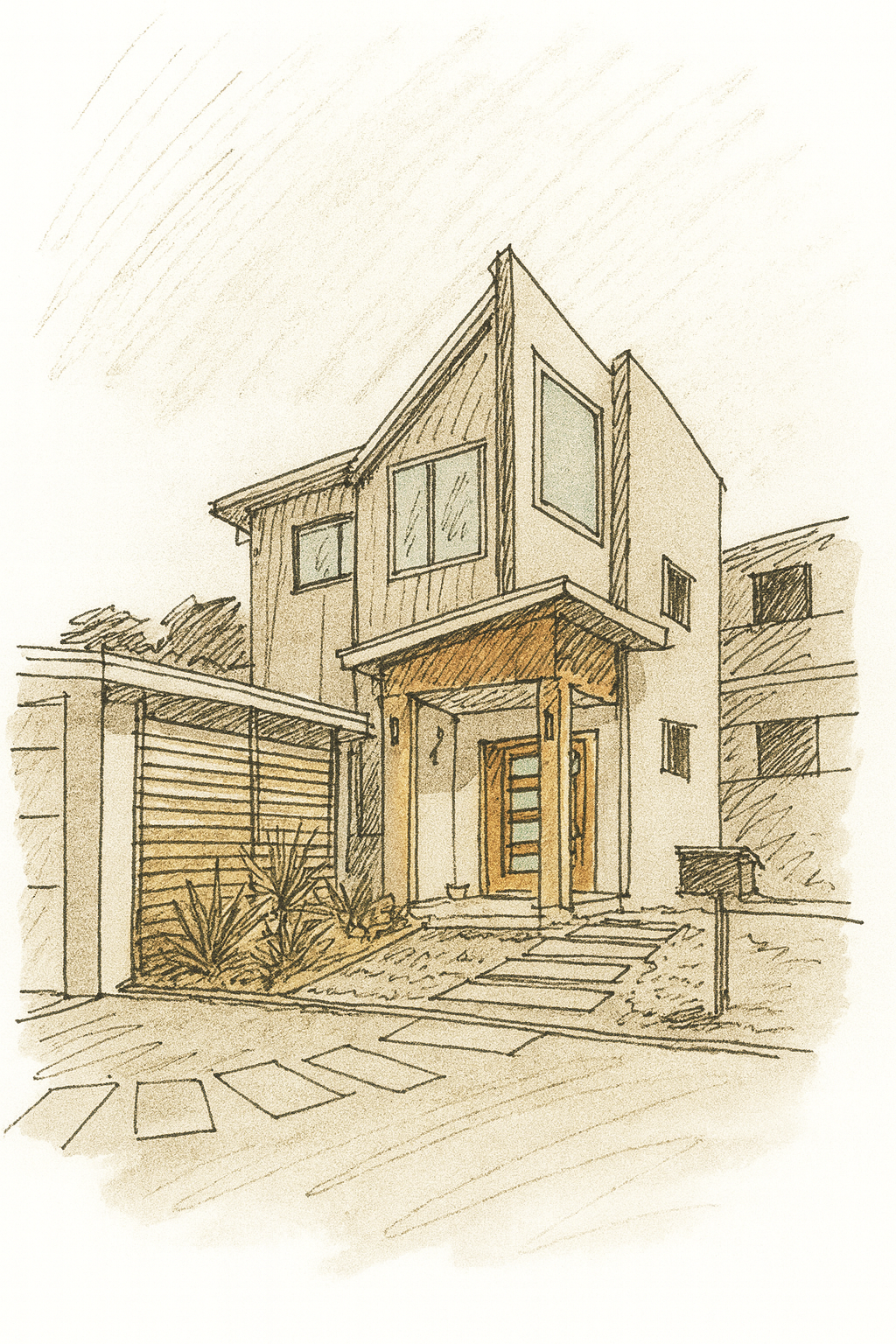 Sketch of a modern two-story house with a front porch, surrounded by a garden with plants and a pathway leading to the front door.