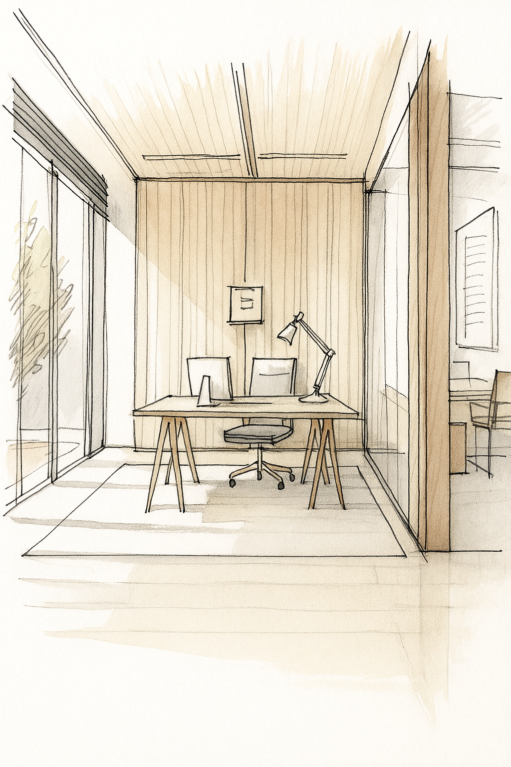 Interior sketch of a modern home office with a desk, computer monitor, desk lamp, office chair, and window with blinds.