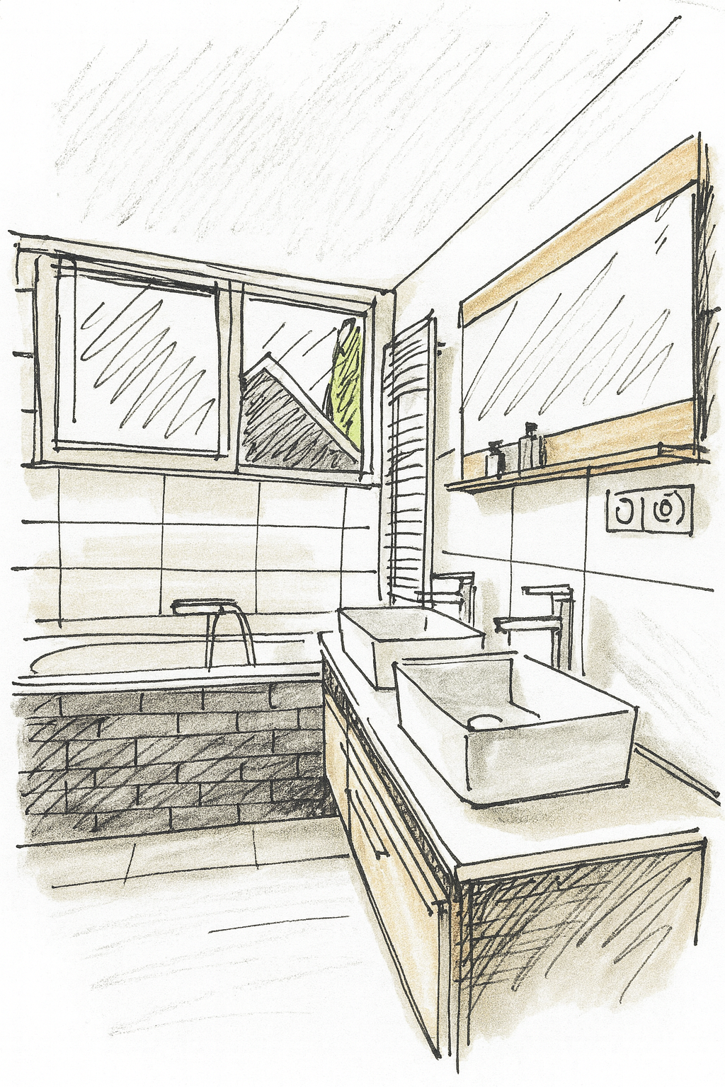 Sketch of a modern kitchen with a large window, double sinks, countertop, and tiled walls.