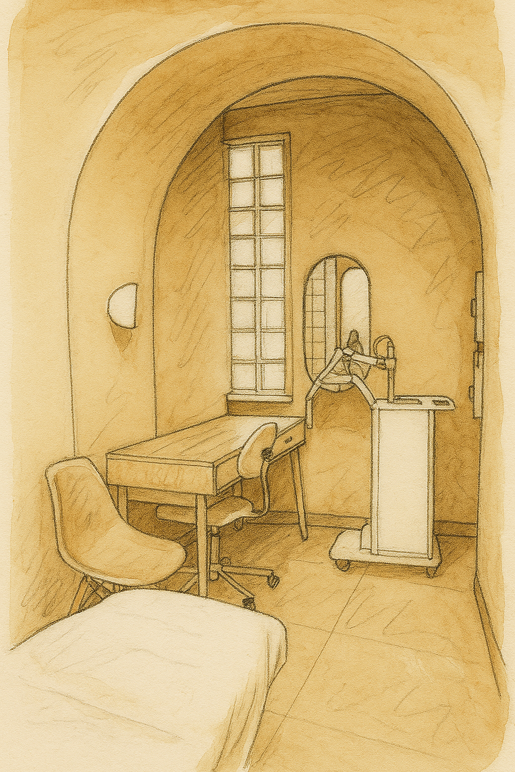 A sepia-toned drawing of a cozy, minimalist room with a bed, a wooden table, a chair, a large window, and a medical or dental chair with an overhead light in the background.