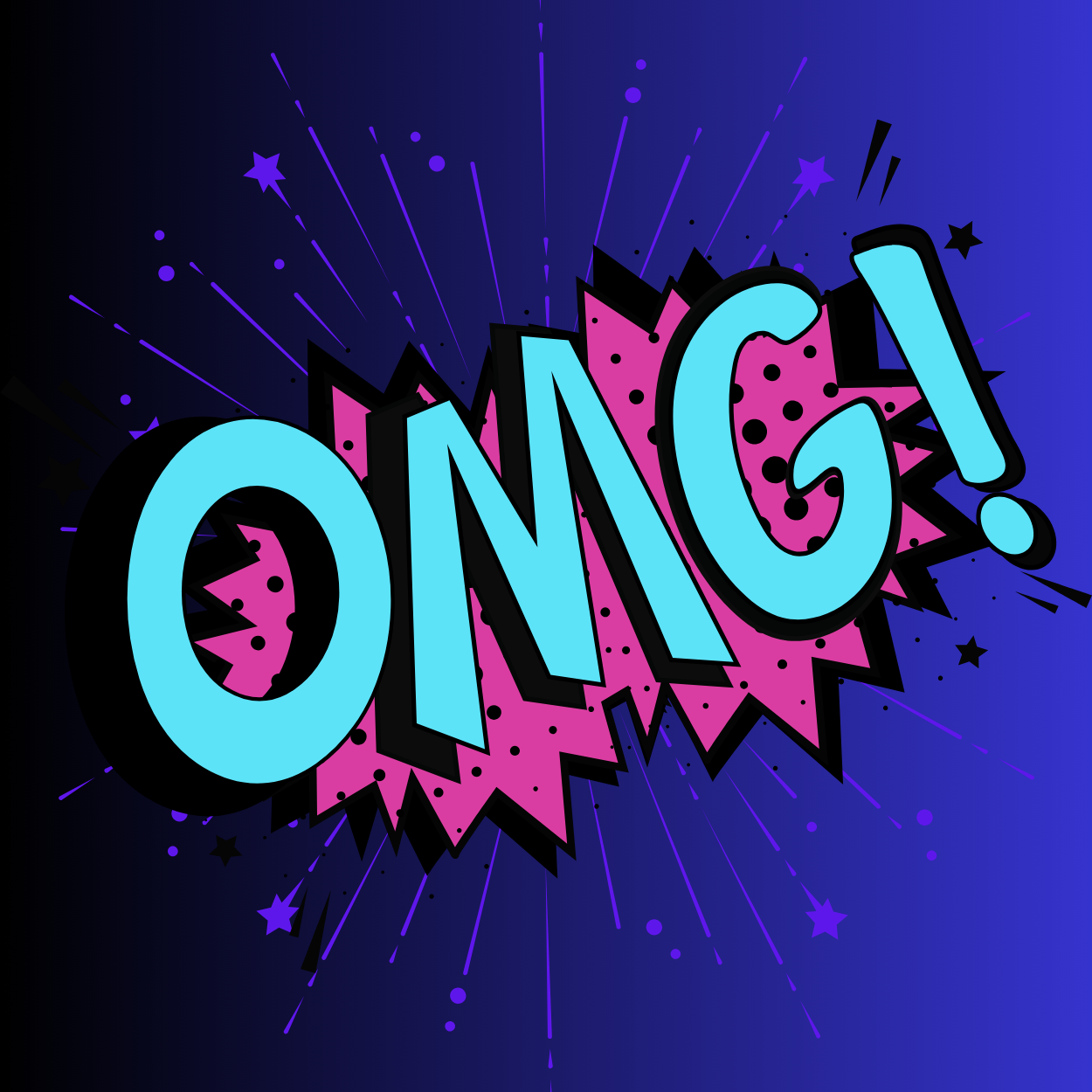 Colorful comic-style explosion with the word 'OMG!' in bold 3D letters, blue with black outline, on a purple background with stars and lines radiating outward.