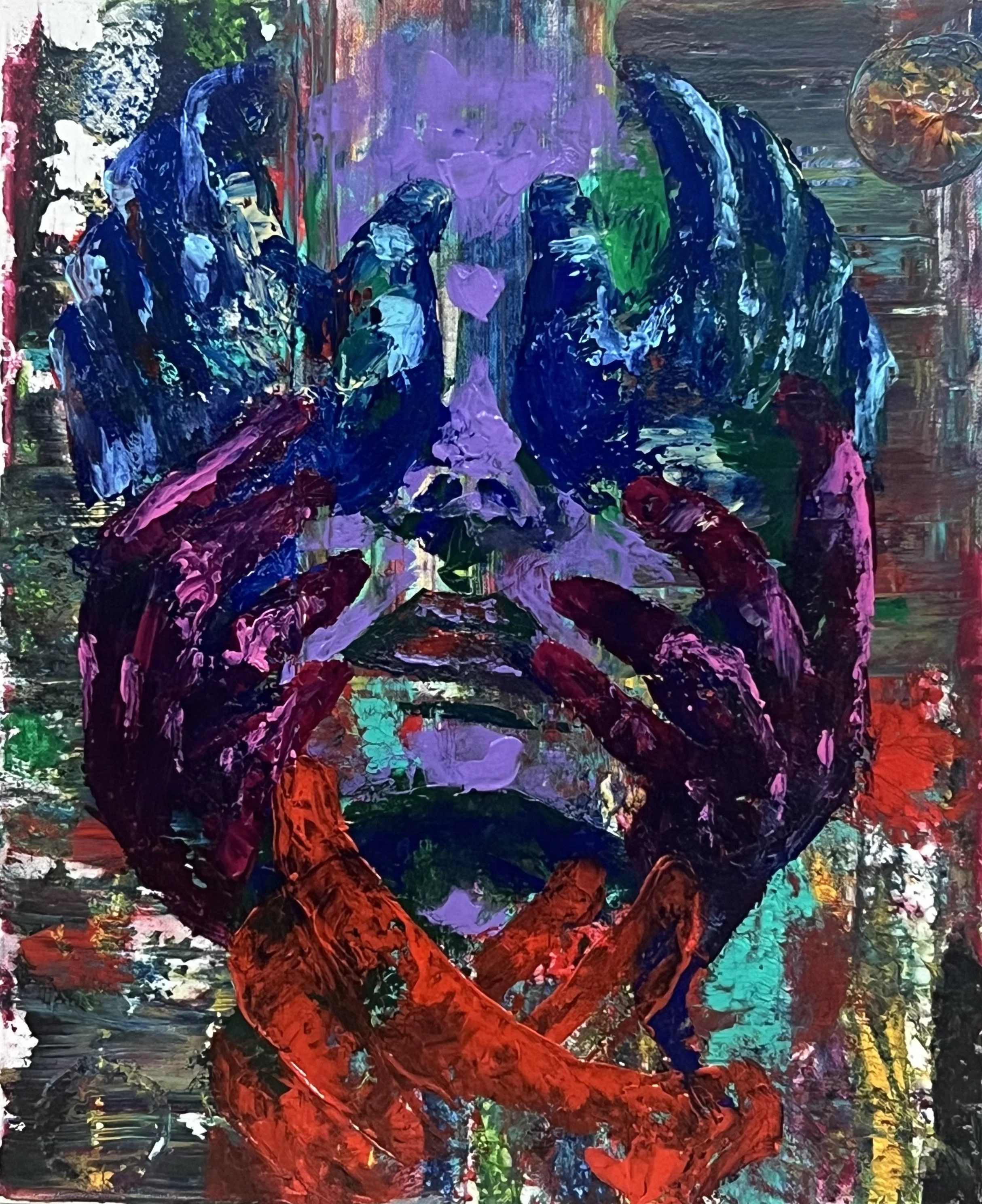 Abstract painting of a figure with glasses, using bold strokes of blue, purple, red, black, and other vibrant colors.