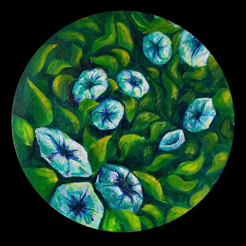 A circular painting of morning glories with blue flowers and green leaves.