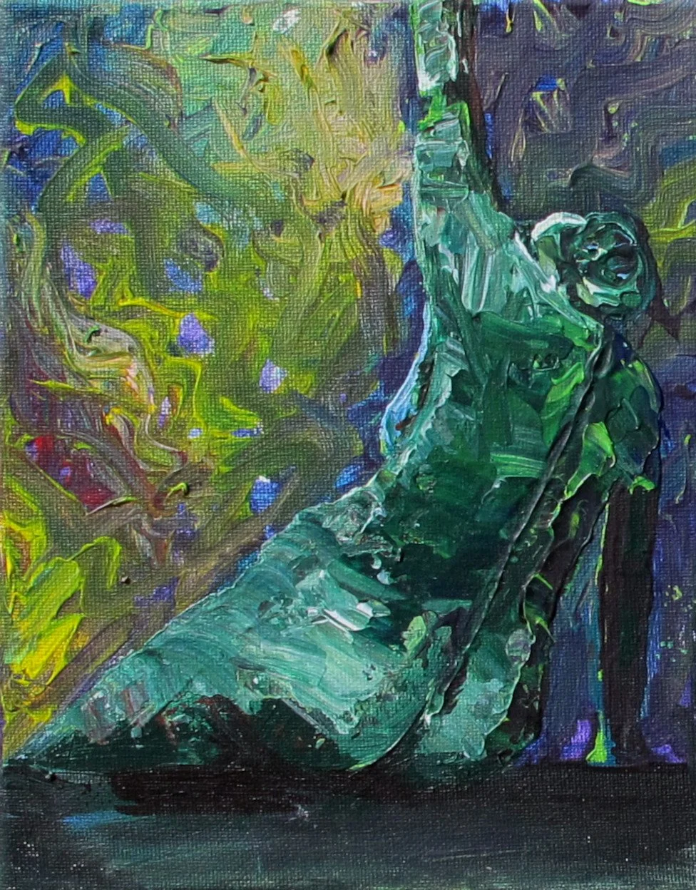 An impressionistic painting of a green parked motorcycle on a dark surface, with a colorful abstract background.