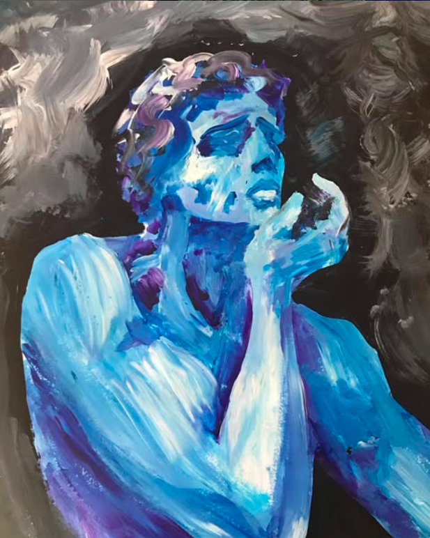 Abstract painting of a woman with curly hair, painted in shades of blue and purple, with a black background.