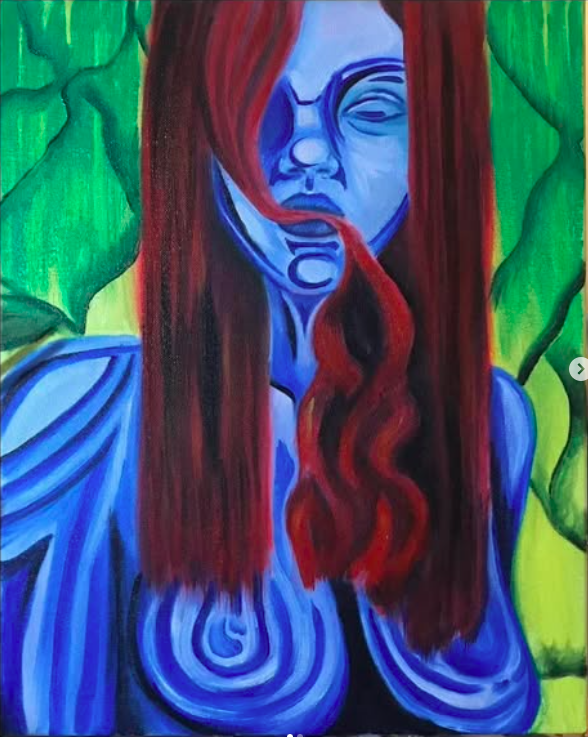 A painting of a woman with long red hair, blue skin, closed eyes, and a peaceful expression, surrounded by green leaves.