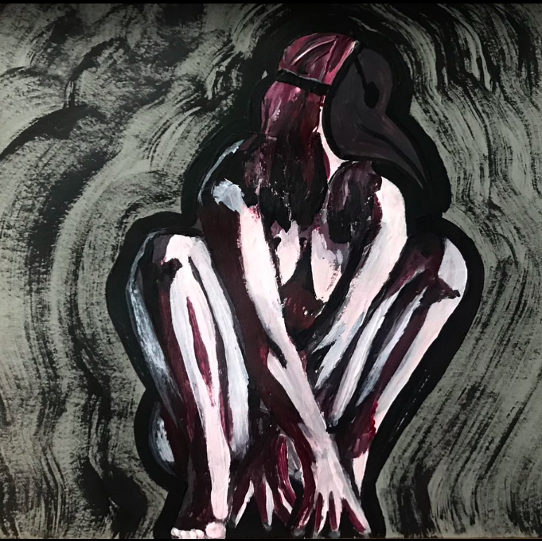 Abstract painting of a woman sitting with her knees pulled up and arms wrapped around her knees, with her head resting on her crossed arms, using dark and muted tones.