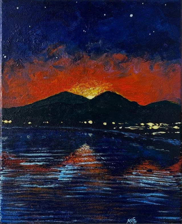 Painting of a sunset over a mountain range reflected in a body of water with stars in the sky.