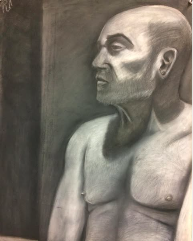 Black and white portrait of a bald, shirtless man with a beard, wearing earrings, in profile view.