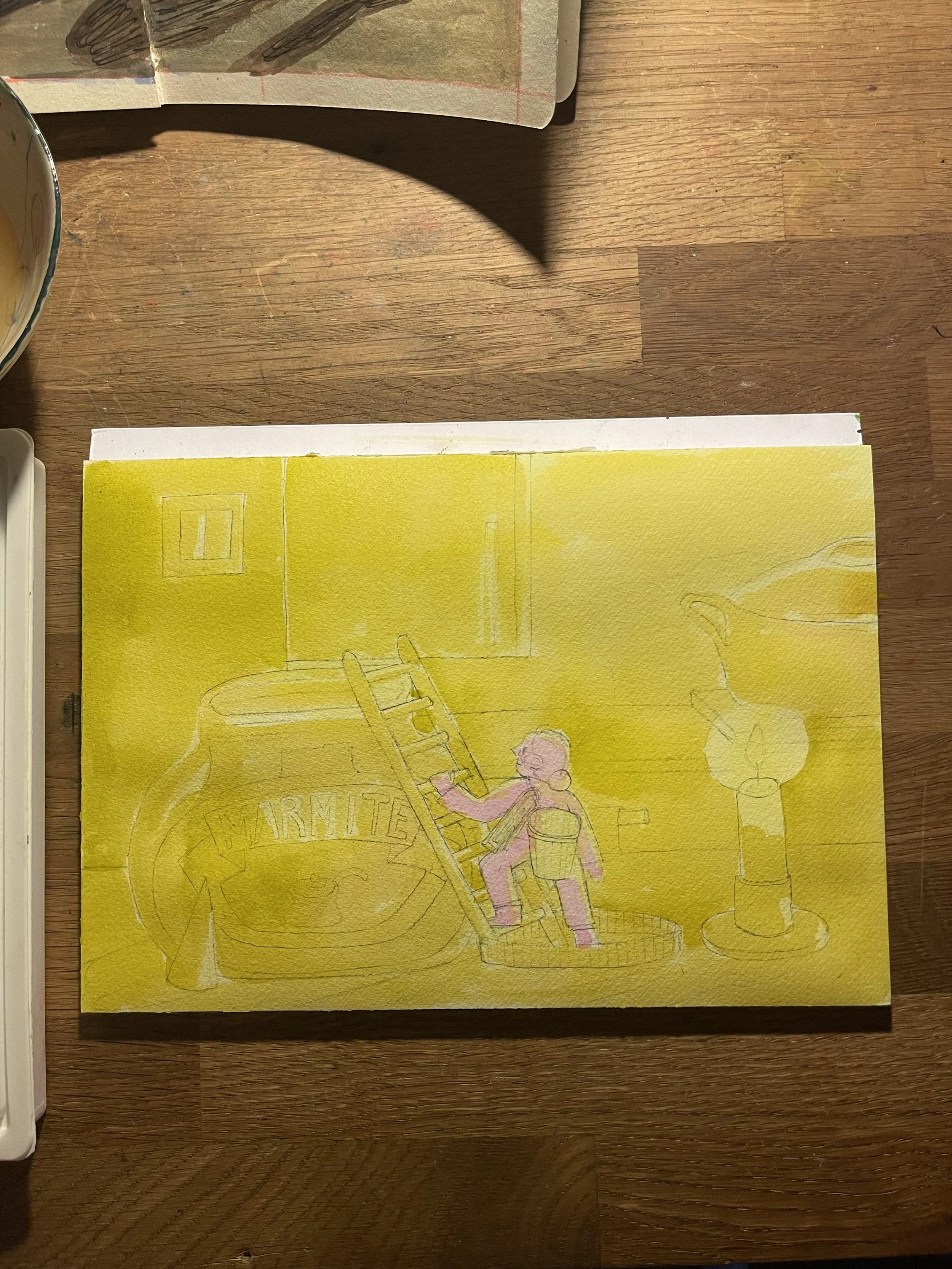 I used a fluorescent yellow for the first color, and then i added very diluted olive green to make subtle shadows. I left the character blank and later filled it with diluted magenta
