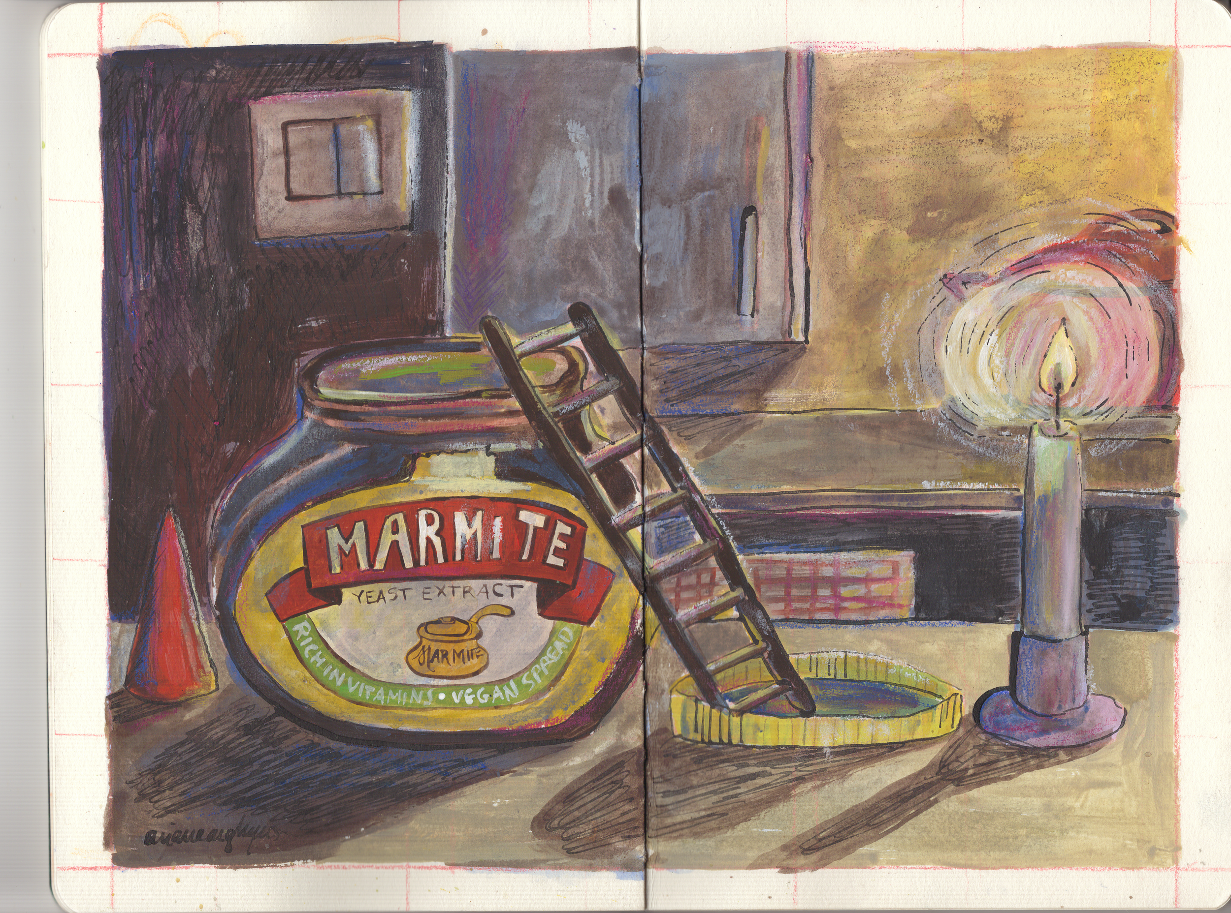Thick gouache painting in a sketchbook of a Marmite jar on a countertop with soft candlelight lighting
