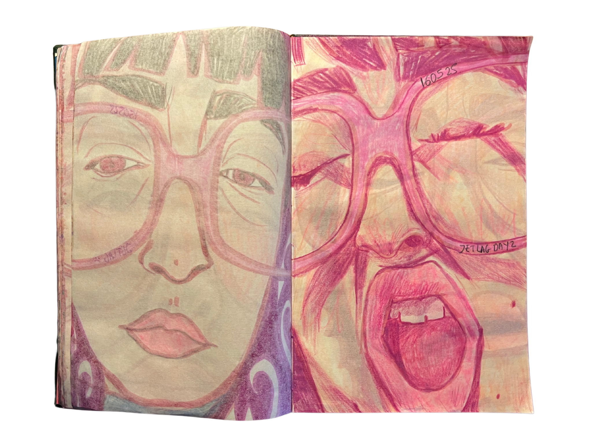 Very pink self-portrait of Ariane yawning, drawn with colored pencils on Onion Skin Journal