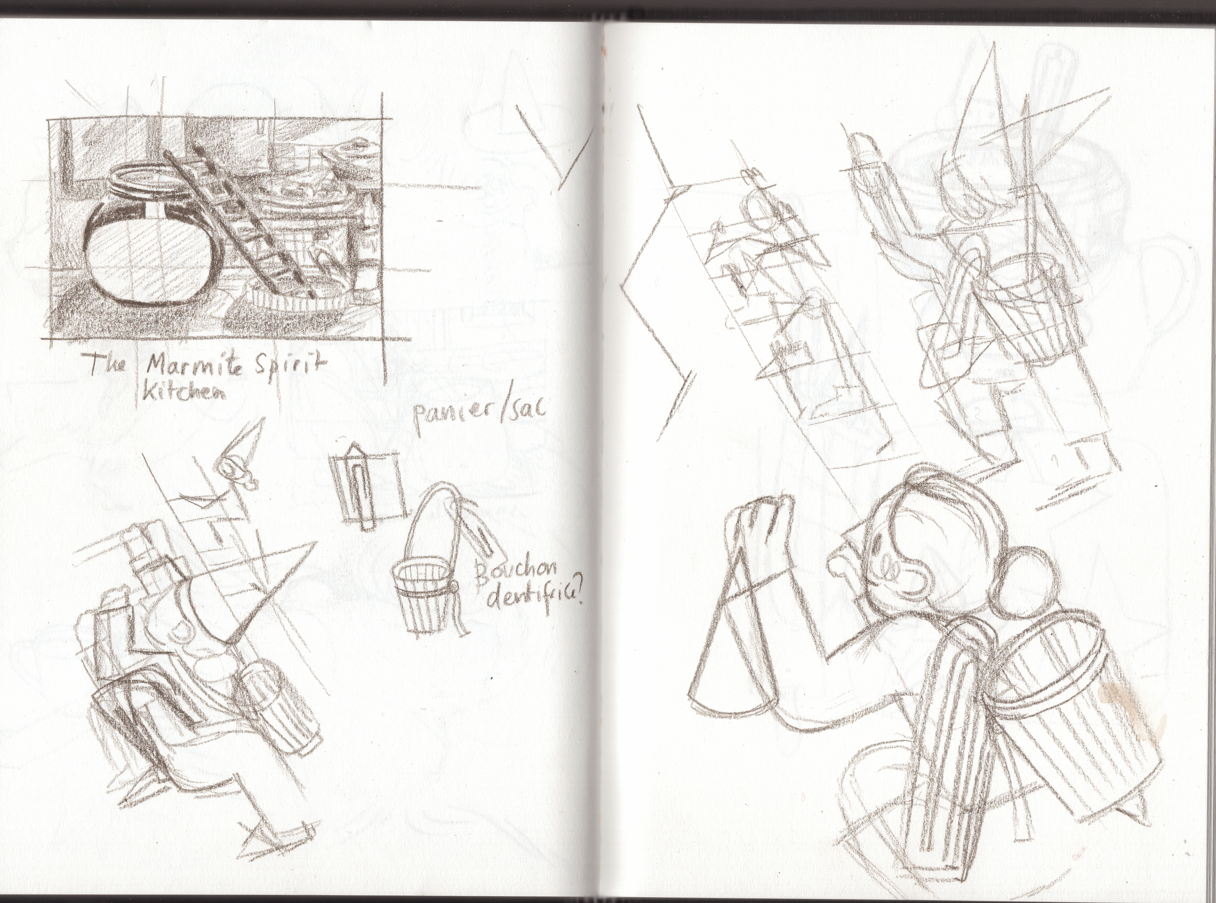 A scribbly sketchbook page of gnome trying to climb the Marmite jar