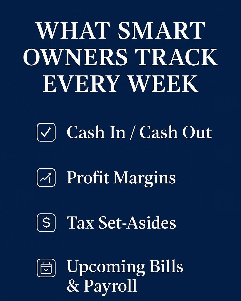 The best business owners don&rsquo;t wait for month-end reports.

They look at these 4 numbers every week:
 &bull; Cash in vs. cash out
 &bull; Profit margins
 &bull; Tax set-asides
 &bull; Upcoming bills &amp; payroll

#BusinessFinance #ProfitFirst 