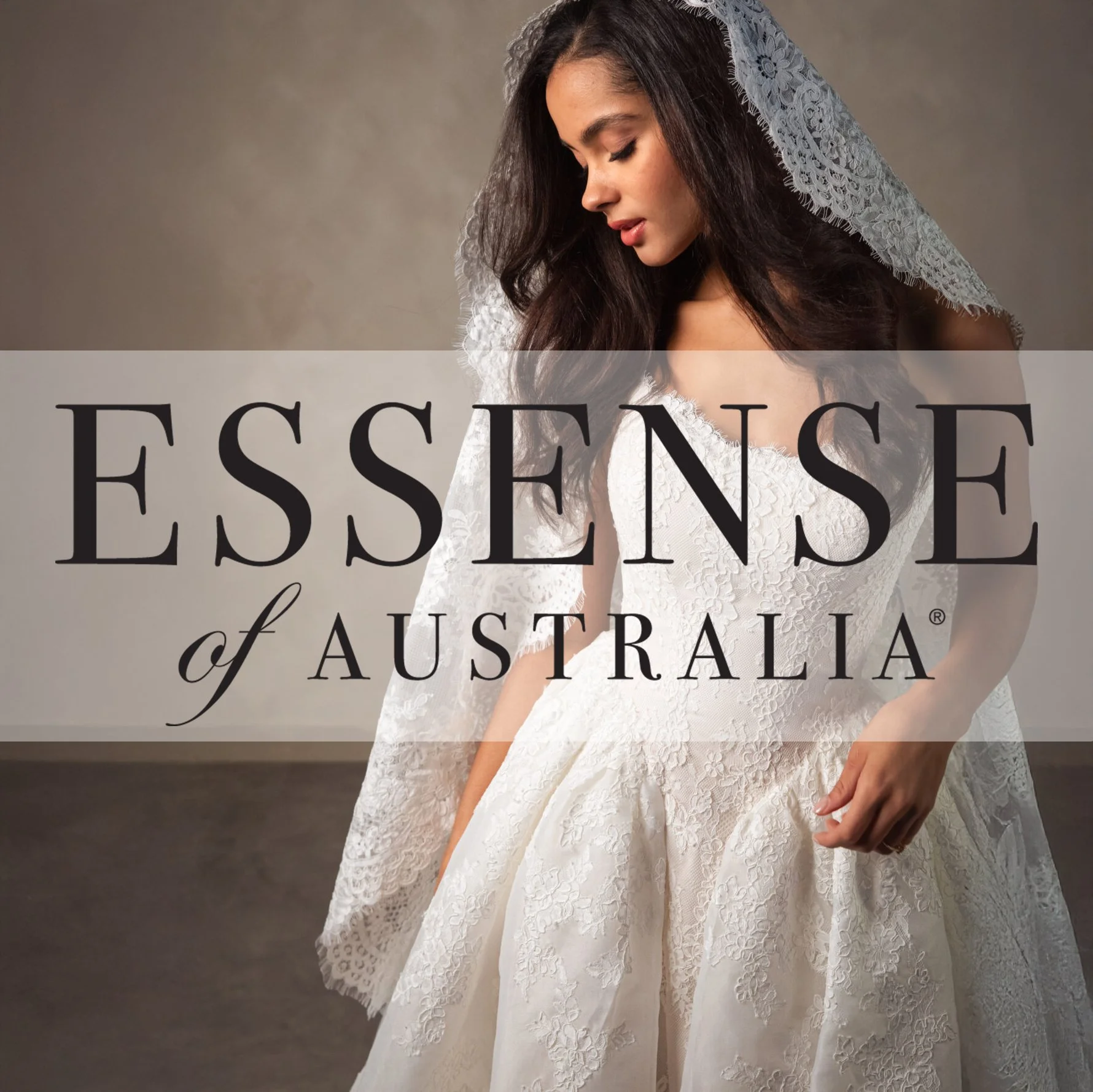 A woman wearing a lace wedding dress and veil, looking down with a serene expression, with the text 'ESSENSE of AUSTRALIA' overlaid.