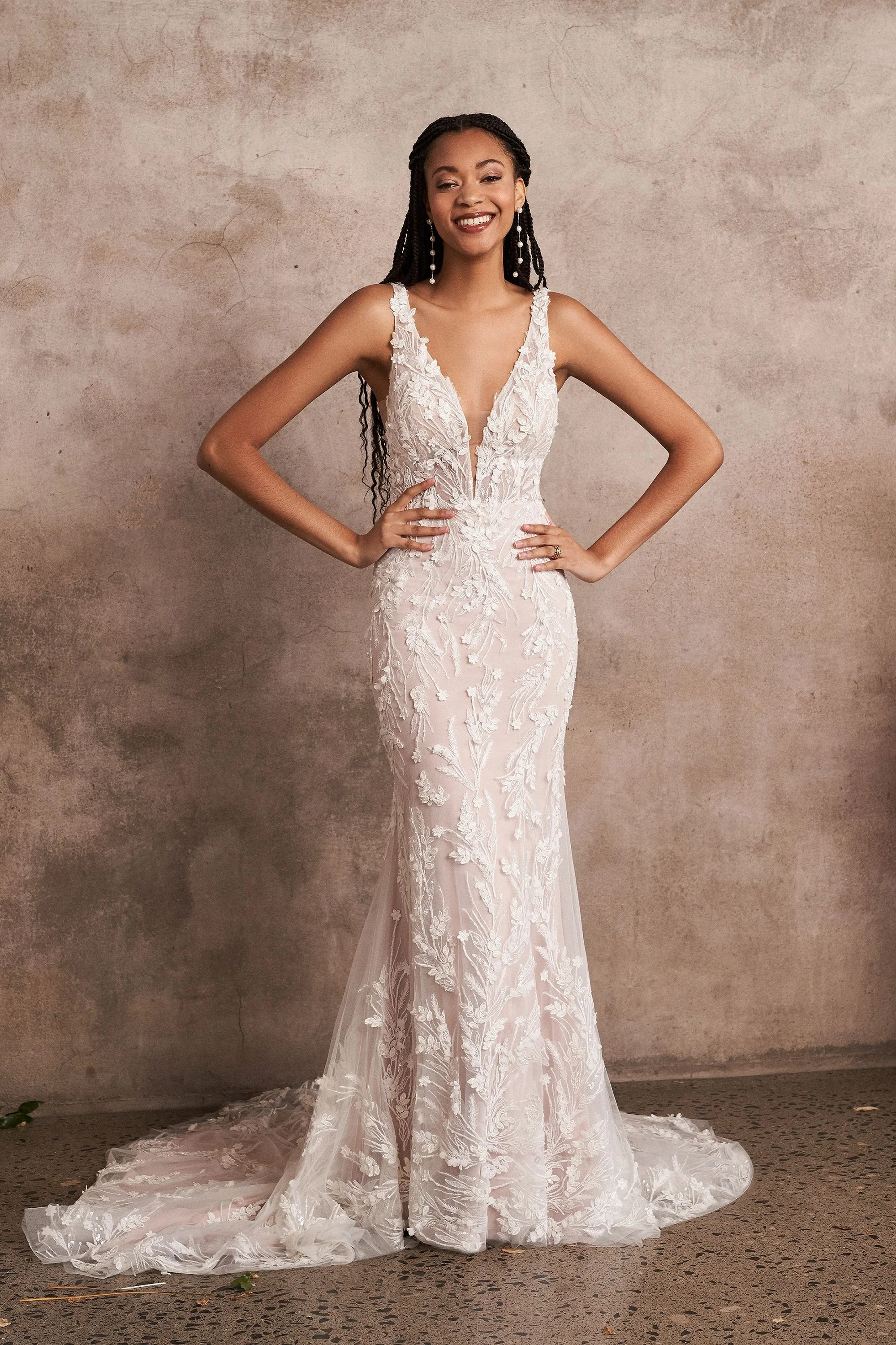 Lillian West fitted wedding dress with floral appliques