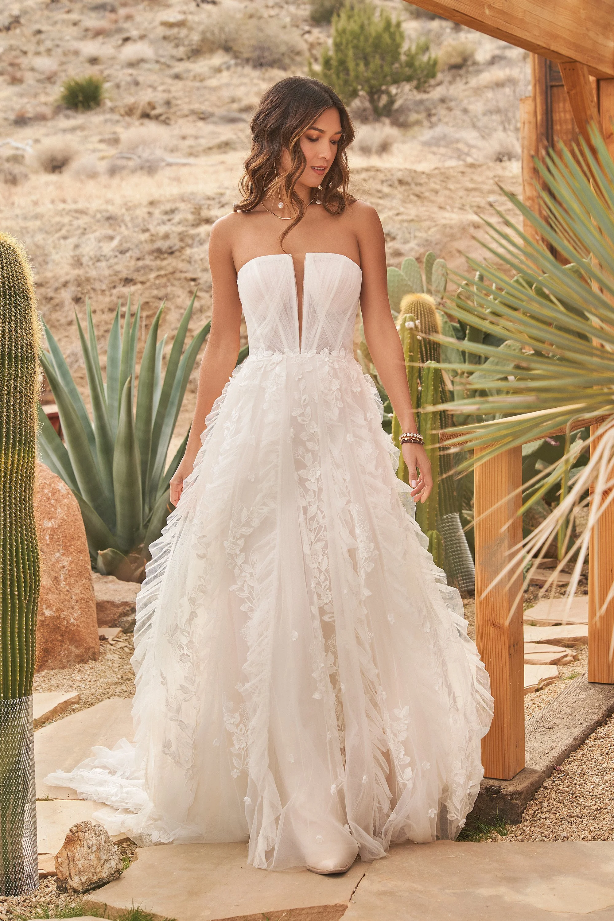 Lillian West floral tulle dress with ruffle floral skirt.