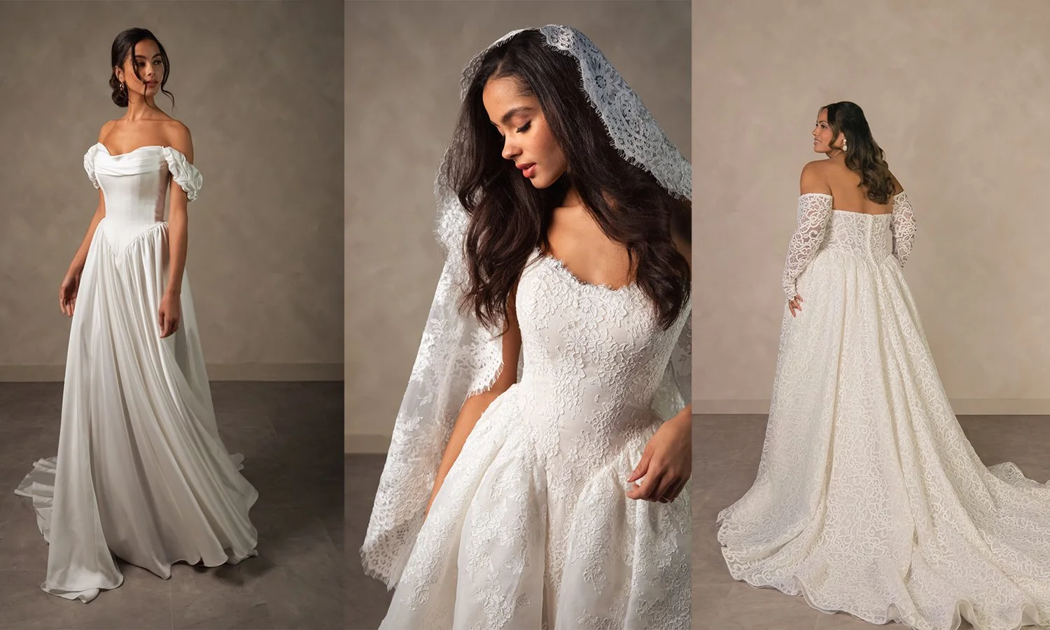 Essense of Australia wedding gowns featuring basque waistlines, all-over lace and satin with lace and drop shoulder sleeves.