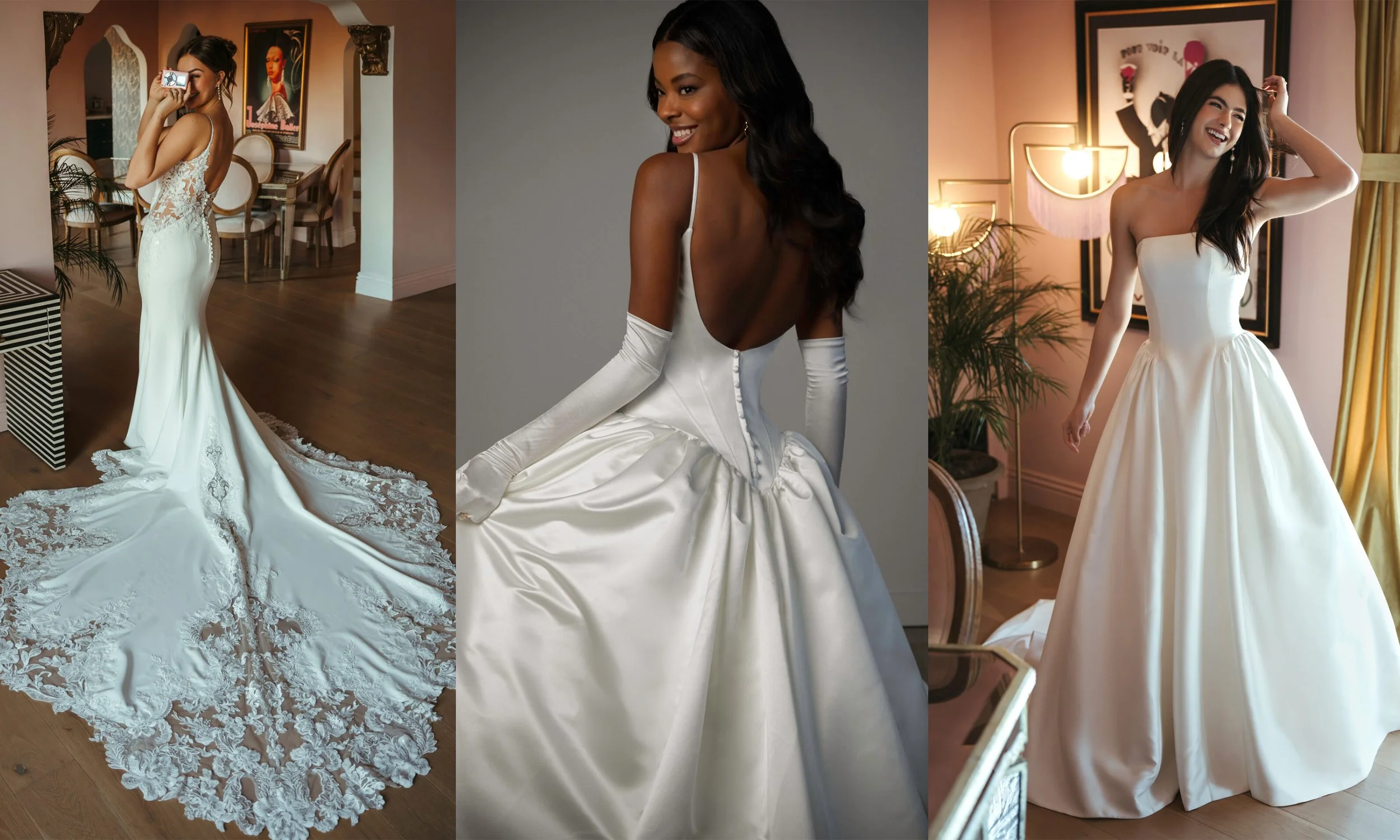 Stella York dresses available for brides in Polk County, Florida. Two satin ball gowns with accentuated hips waistlines and one fitted crepe dress with lace bodice and beaded lace train.