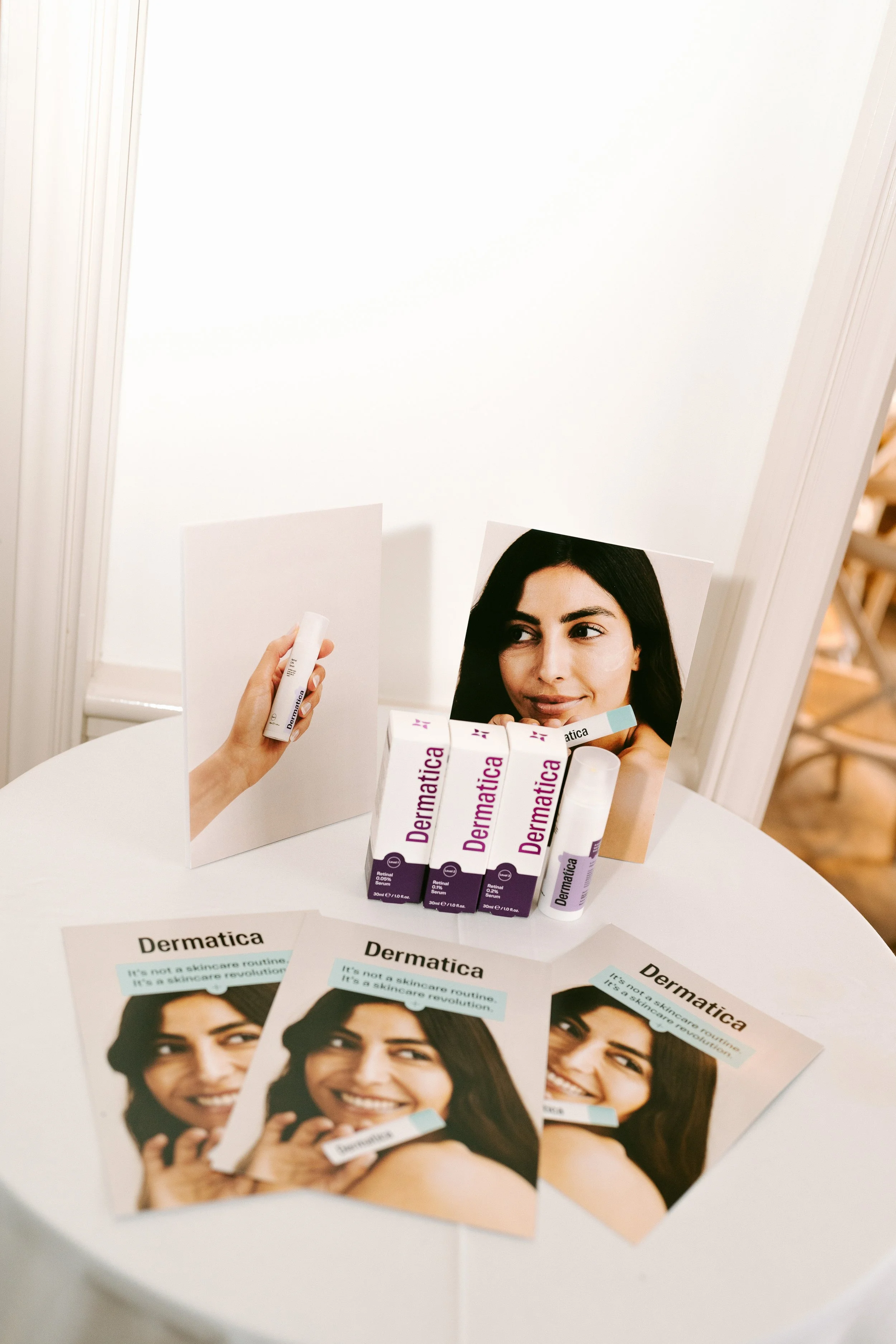  
With limited space, the design had to work hard at every scale. Larger format posters set the tone on arrival, while a suite of table prints, such as, cards, inserts, and leave-behinds, did the quieter work of communicating the finer product detail