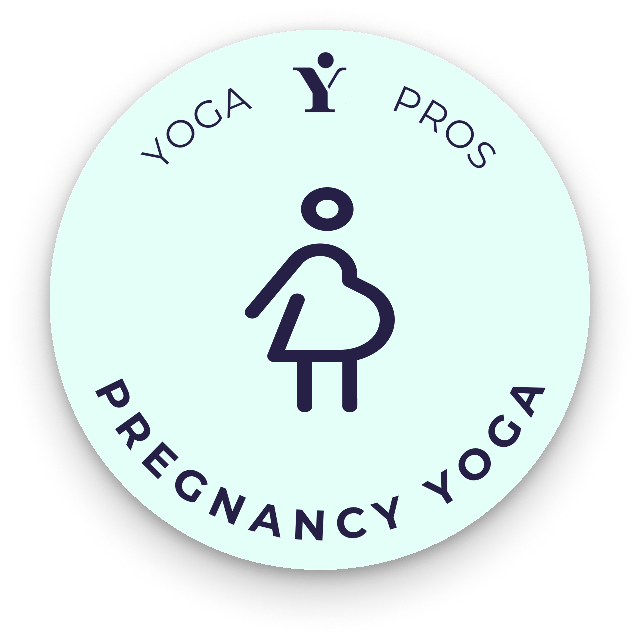 A clock-like symbol with a pregnant woman in the center, surrounded by the words 'YOGA PROS' at the top and 'PREGNANCY YOGA' at the bottom.