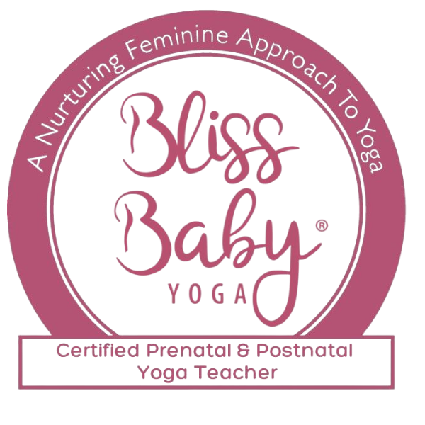 Pink circular logo with the text "Bliss Baby Yoga" in the center. Around the circle, it says "A Nurturing Feminine Approach To Yoga." At the bottom, a rectangular area reads "Certified Prenatal & Postnatal Yoga Teacher."
