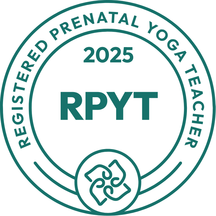 Logan registered prenatal yoga teacher badge for 2025 with the initials RPYT and a logo of two hands forming a heart.