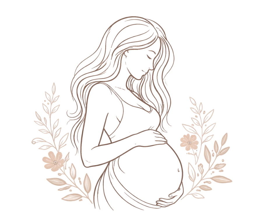 Minimalist line drawing of pregnant woman gently touching her belly, surrounded by soft floral elements.