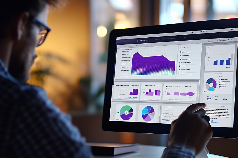 Business leaders reviewing IT systems and performance data while evaluating a technology provider