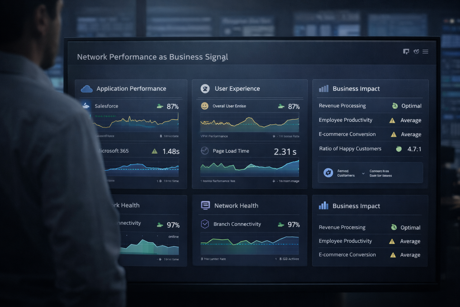 Network performance dashboard linking application experience to business outcomes