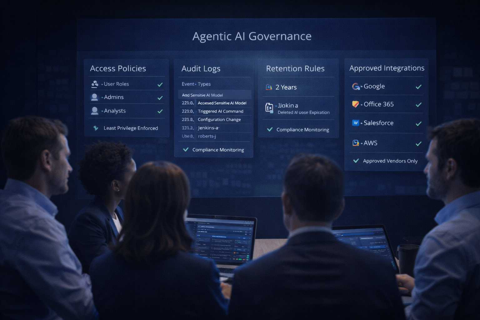 Leaders reviewing AI governance controls and security policy enforcement