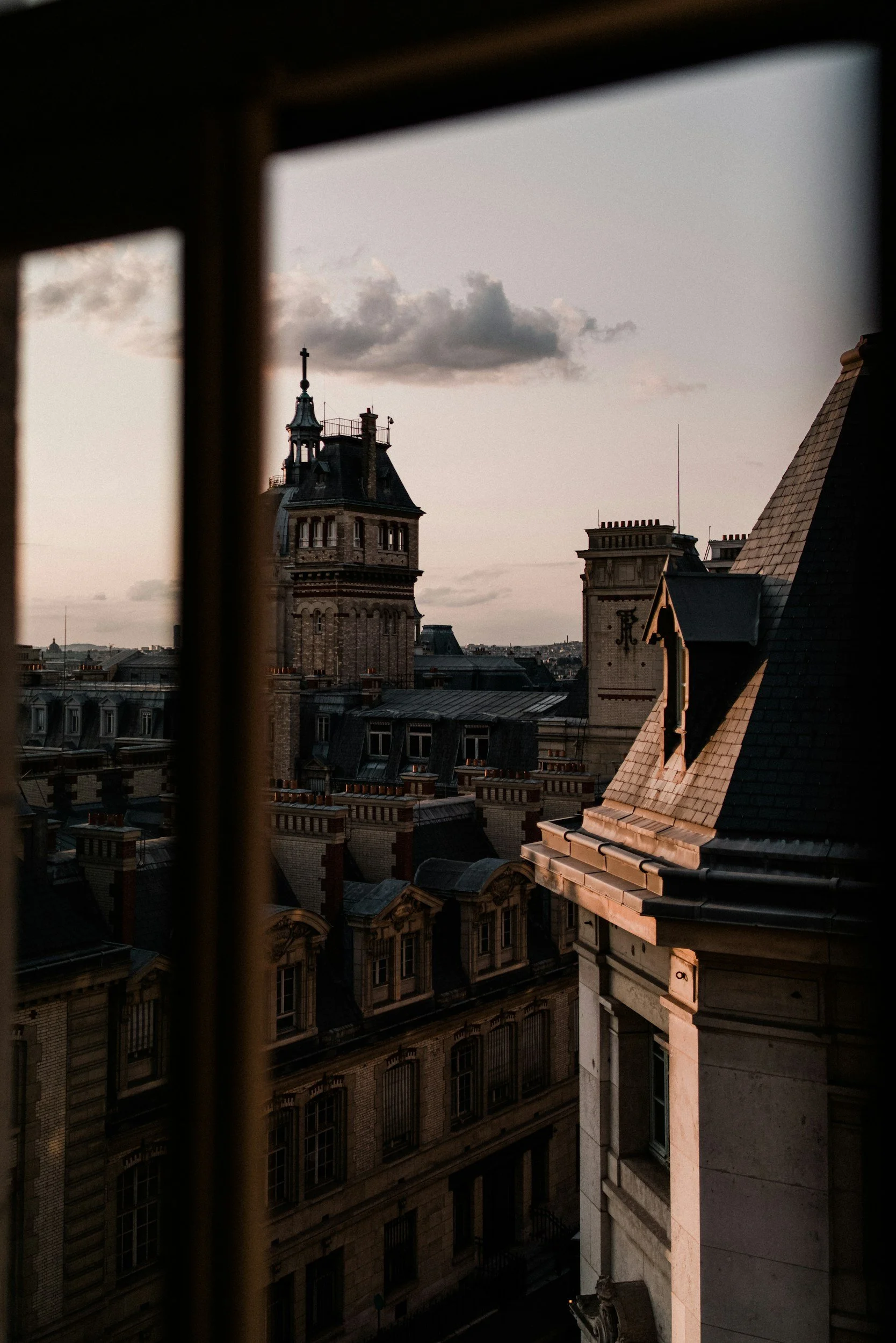 Window view of ornate mansard roofs and dormer windows